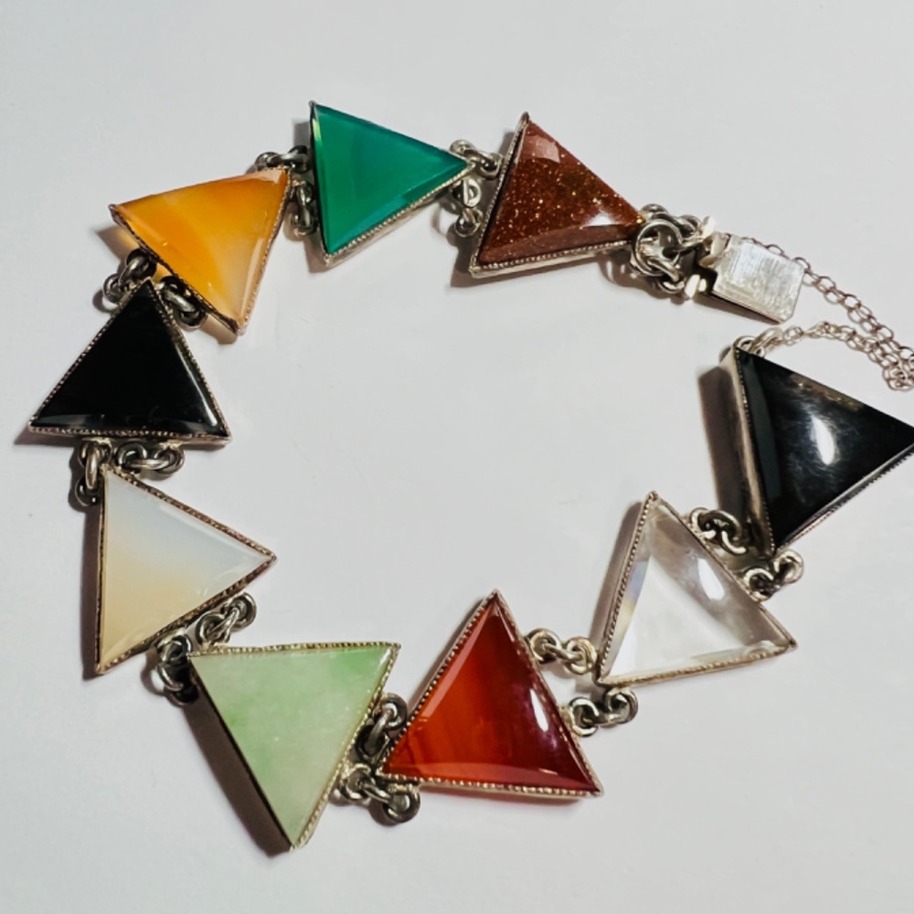 Vintage Midcentury Bracelet - Triangle Faceted Semi Precious Stones - Silver - Picture 8 of 11